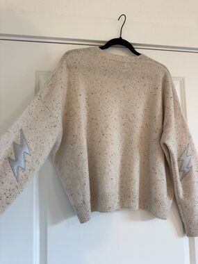 Neutral Speckled Crewneck Sweater with Lightning Elbow Patches